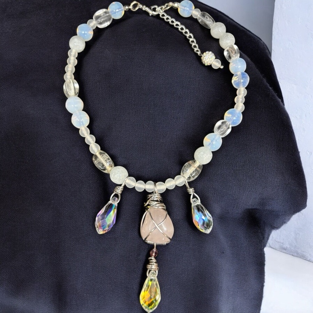 Handmade Upcycled Choker Necklace with Rose Quartz and Teardrop Beads Y2K